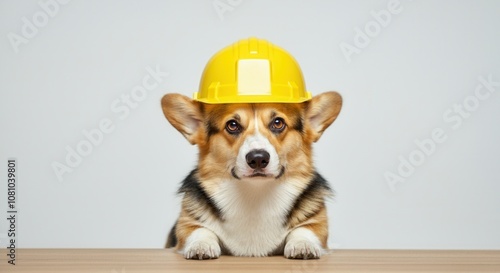 Cute corgi dog wearing safety helmet on white background