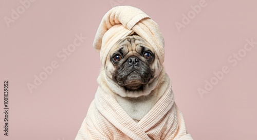 Obraz na płótnie Pampered pug in spa robe towel head wrap w salonie