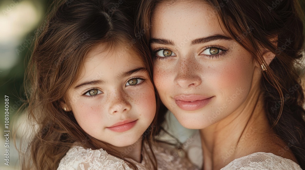A woman and a young girl are posing for a picture A woman and a young girl are posing for a picture