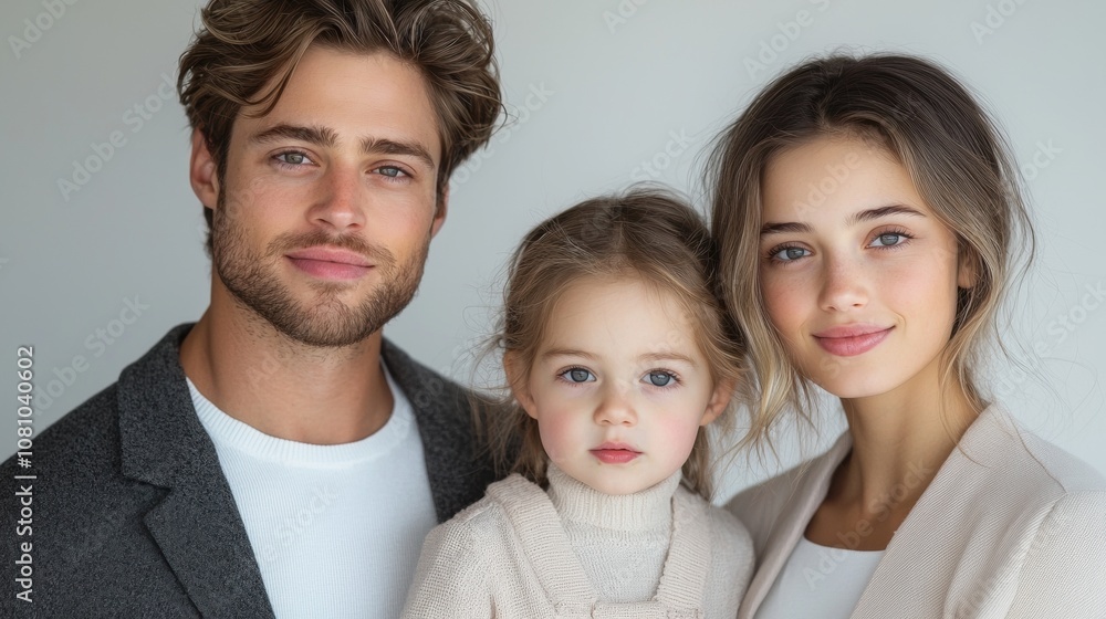 A man, a woman and a child are posing for a picture A man, a woman and a child are posing for a picture