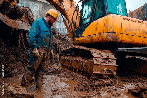 Construction worker operating an excavator in muddy conditions during the day. Generative AI