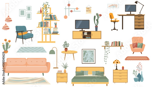 Furniture collection for modern home interior design. Trendy house decor, sofa, couch, chair, armchair, vase and lamp. Apartment room items, decoration.