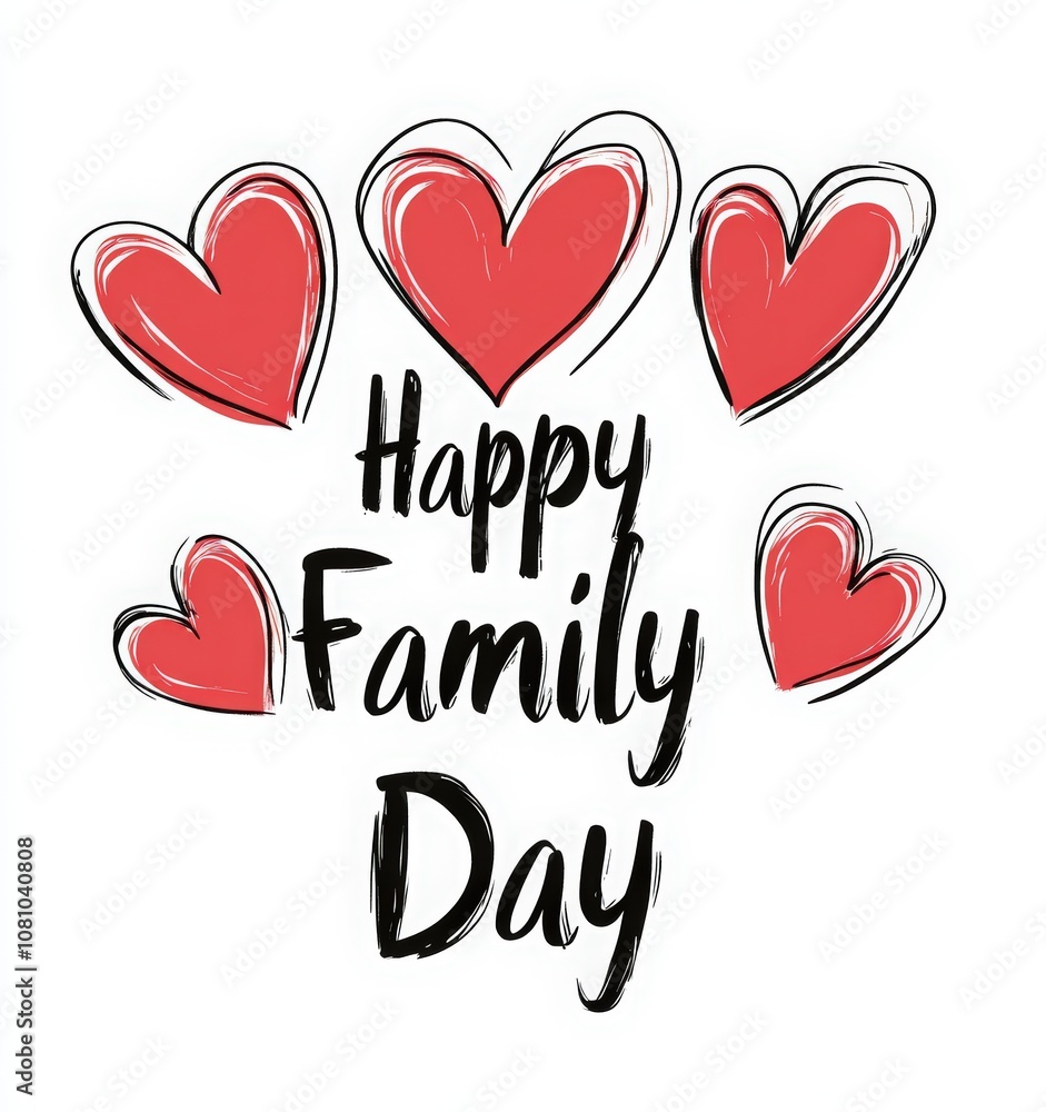 Happy Family Day text, hand-written calligraphy font with red hearts on a white background. family celebration or event greeting card with love lettering print design Happy Family Day text, hand-written calligraphy font with red hearts on a white background. family celebration or event greeting card with love lettering print design