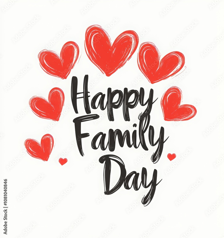 Happy Family Day text, hand-written calligraphy font with red hearts on a white background. family celebration or event greeting card with love lettering print design Happy Family Day text, hand-written calligraphy font with red hearts on a white background. family celebration or event greeting card with love lettering print design
