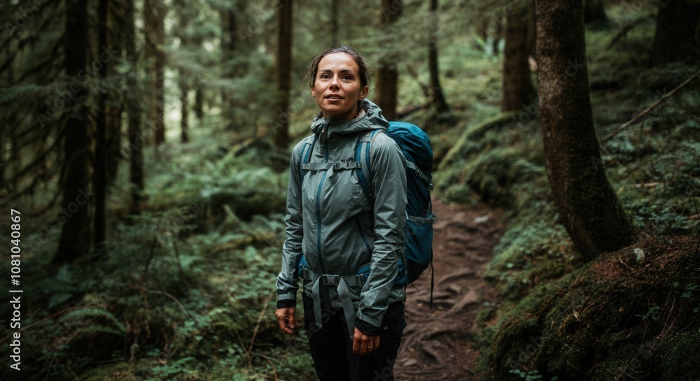 Naklejka premium Adventurous woman hiking in misty