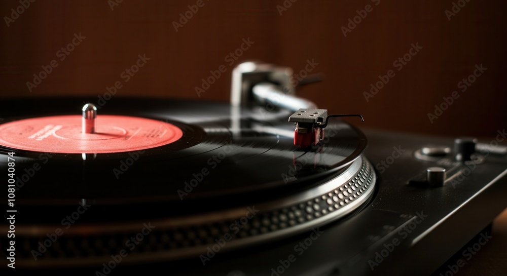 Classic turntable playing vinyl record with red label Classic turntable playing vinyl record with red label