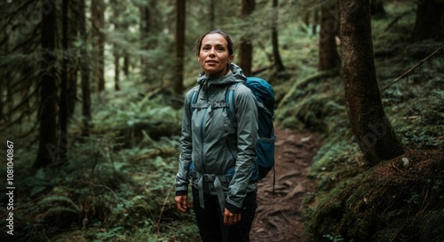 Adventurous woman hiking in misty