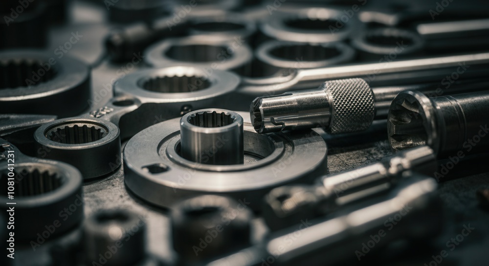 Naklejka premium Precision-engineered metal machine parts on workshop table