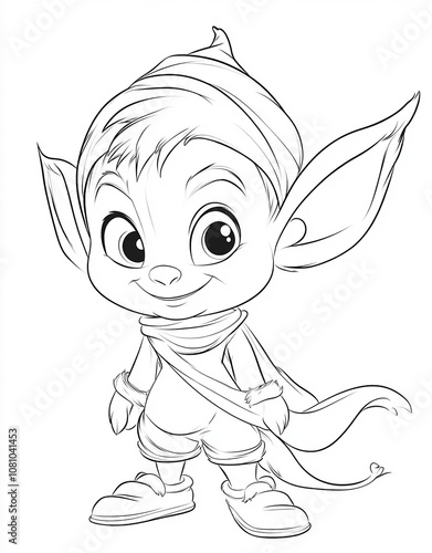 Coloring page for kids, a cute elf with short hair on a white background, with thick lines and low details, no shading. photo