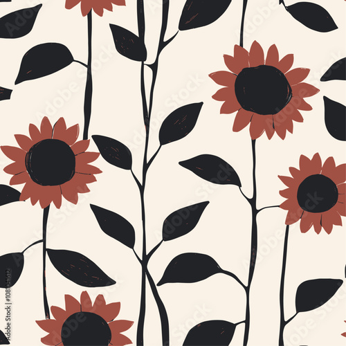 Modern wallpaper design with deep red sunflower stems and muted black accents, layered over a clean background for trendy home decor, vector illustration.