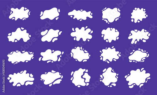 Milk blobs. Liquid cream spots and drops, milky spray and splash, yogurt stains and blot for label design. Vector white fluid shapes isolated set