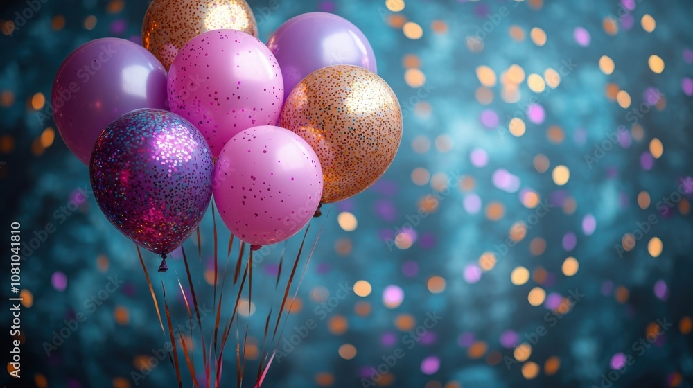 A bright arrangement of colorful balloons in pink, purple, and gold against a sparkling blue backdrop, capturing the essence of celebration. A bright arrangement of colorful balloons in pink, purple, and gold against a sparkling blue backdrop, capturing the essence of celebration.