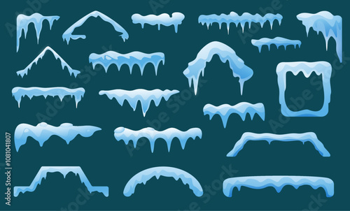 Snow roof cape. Snowfall winter snowdrift border frame collection, snowball pile and frozen peak icy edge. Vector cartoon set