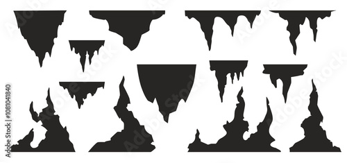 Silhouette stalagmites. Cartoon game asset of dark underground cave with stone formations, geology background elements. Vector stalactites and stalagmites set