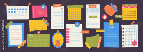 Memory stickers. Cute colorful note paper with ripped edges, scrapbook paper page strips and memo post it notes flat style. Vector isolated set