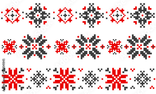 Ukrainian traditional ornament. Ethnic embroidery cross stitch border frame, vintage geometric floral motif bucovina cossacks shirt print. Vector set