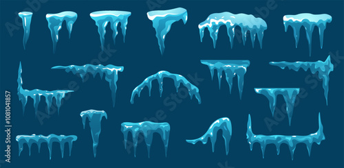 Cartoon blue icicles. Frozen ice spikes hanging down, cold frost weather elements, frozen snow water drops melt frosty icy weather. Vector isolated set