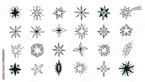 Hand drawn stars. Abstract black silhouettes of night sky different shapes and sizes. Premium quality rating achievement insignia vector set
