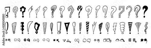 Doodle punctuation mark. Hand drawn question and exclamation marks, sketch scrawl and warning signs. Vector isolated set