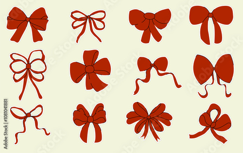 Set of stickers with red bows. A collection of hand-drawn ribbon bows. Stickers