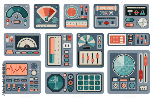 Spaceship retro controls. Vintage analog dashboard with dials indicators and gauges, old spacecraft cockpit interface. Vector illustration