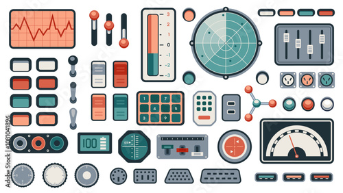 Retro dashboard UI. Futuristic spaceship control panel with dials knobs switches and indicators, vintage sci-fi game screen. Vector illustration