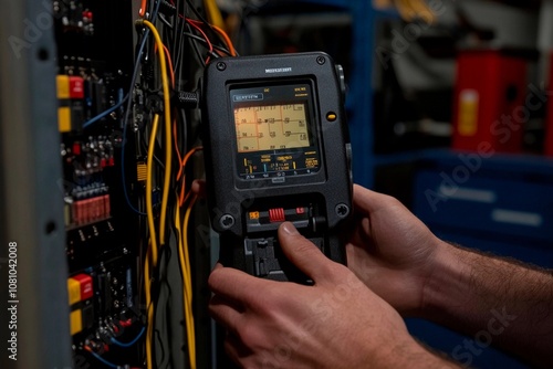 Technician using a diagnostic tool on a control panel in an industrial facility. Generative AI photo