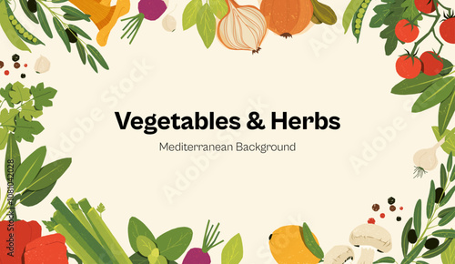 Cartoon vegetables frame. Fresh organic food border with green farm products, healthy cooking concept with natural ingredients. Vector banner