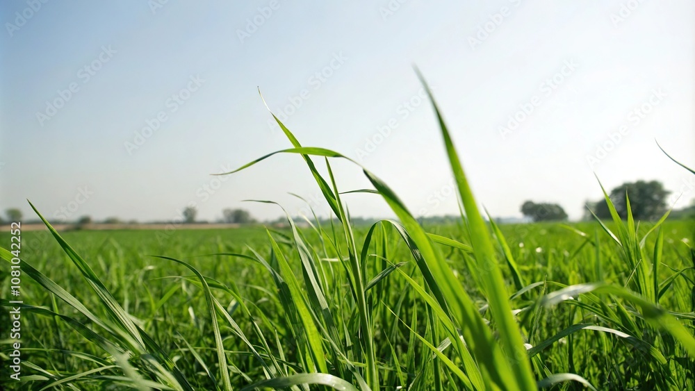 Obraz premium Lush green grass with a few blades bent towards the viewer's eye, newly mowed, fresh cut, outdoor