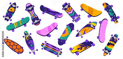 Cartoon skateboards. Retro wooden boards with wheels, skateboard and longboard models for street sport activity, recreation and youth culture. Vector isolated set
