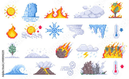 Pixel cataclysm. Retro 2D game volcano eruption with fire, smoke, lava and rocks, mountain explosion with meteorite impact. Vector disaster illustration