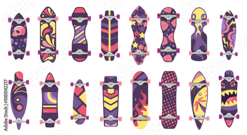 Skateboards bottom. Cartoon skateboard deck with wheels, extreme sport street equipment, colorful stickers and prints for skate board. Vector isolated set