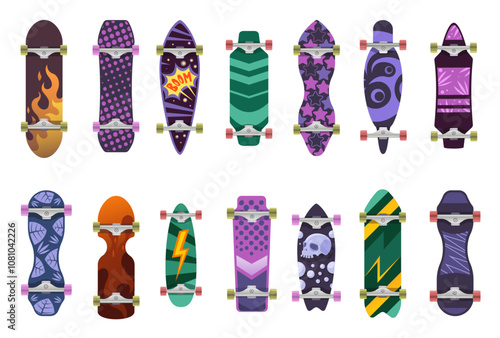 Colored skateboard. Cartoon skateboards of different shapes and colors, modern urban transport equipment, sport and active leisure activity. Vector isolated set.
