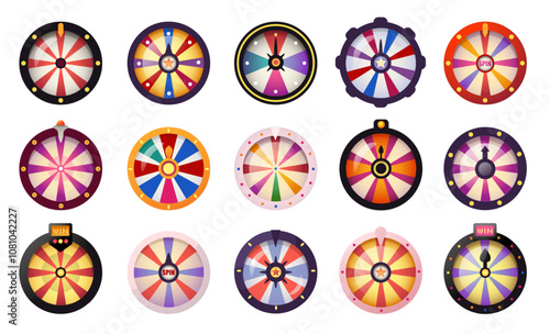 Fortune wheels. Cartoon online casino game with prize wheel and roulette, gamble round with lucky spin and winning stake. Vector illustration