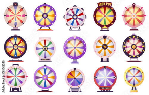 Casino spinning wheel. Round gambling turn arrow icons, roulette circle and turntable different sizes, circle with segments flat style. Vector isolated set