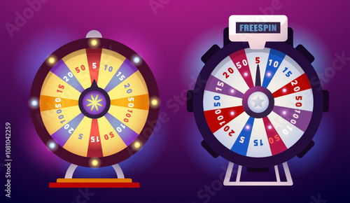 Lucky wheel UI. Spinning popup with prize for casino game, mobile app round element with arrow and glow jackpot bonus. Vector interface element set