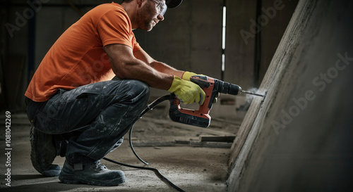 Construction worker using power drill at worksite