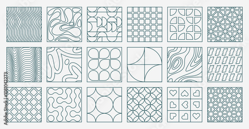 Linear geometric tiles. Modern abstract decorative elements with minimal ornament, retro bauhaus and brutalist puzzle blocks. Vector set