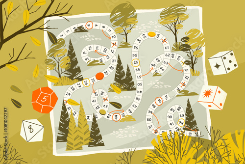 Kids board game. Cartoon children playing snakes and ladders game, funny group of people on ladder and animals on snakes back. Vector board game illustration
