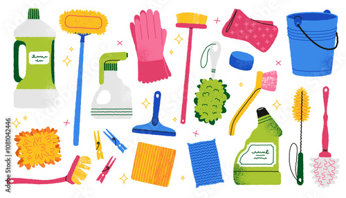Household equipment. Cartoon cleaning products and tools, mop bucket vacuum cleaner duster gloves broom, housework service concept. Vector set