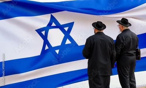 Two men in black hats admire a large Israeli flag during a local gathering in Jerusalem on a bright day photo