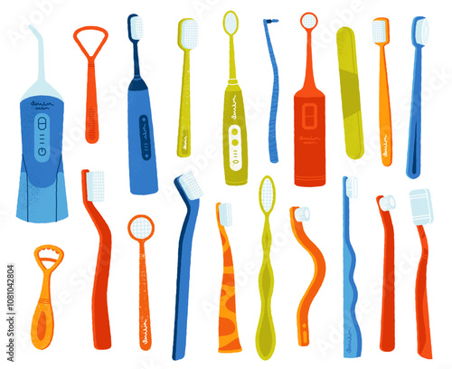 Toothbrushes cleaning tools. Cartoon manual and electric teeth brush with paste, oral hygiene and mouth sanitation, dental care concept. Vector set