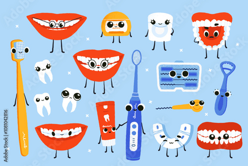 Cute teeth characters. Cartoon tooth with toothbrush toothpaste dental floss mouthwash with funny emotions, oral hygiene and health care concept. Vector set
