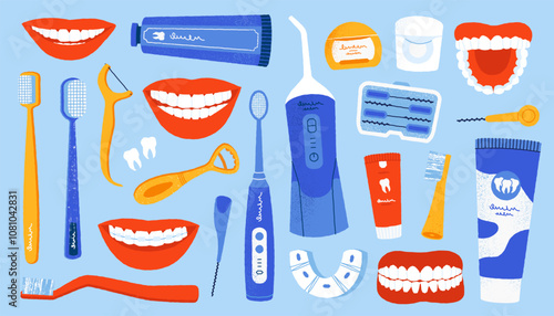 Oral hygiene cleaning tools. Cartoon teeth brush floss and mouthwash, dental care equipment and treatment, cute flat toothbrush and paste. Vector isolated set