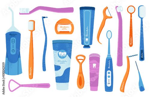 Dental hygiene tools. Cartoon mouth cleaning accessories, teeth care products toothbrush toothpaste floss mouthwash icons. Vector flat set