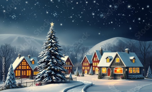 Winter village with christmas tree and houses at night christmas backdrop professional studio photography 