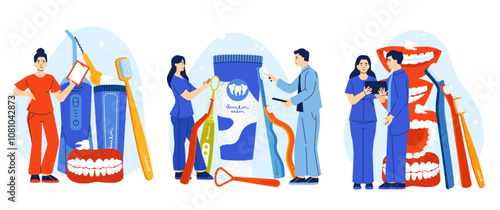 Oral hygiene concept. Mouth cleaning tools and products, fresh breath and healthy teeth prevention, flat cartoon dental care banners. Vector set
