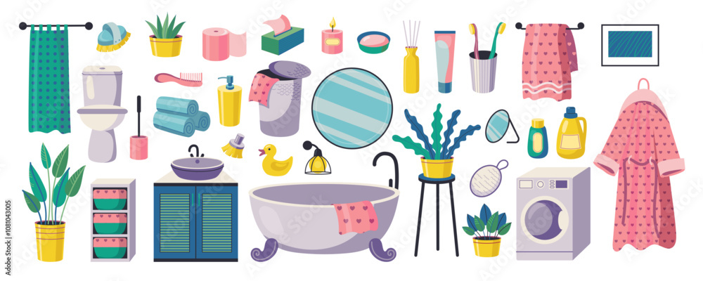 Bathroom accessories. Cartoon cute hygiene items and furniture, home bathtub toilet sink with towels bubble bath. Vector bathroom interior isolated set. Bathroom accessories. Cartoon cute hygiene items and furniture, home bathtub toilet sink with towels bubble bath. Vector bathroom interior isolated set.