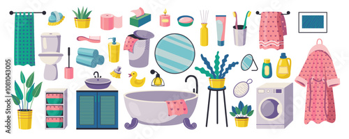 Bathroom accessories. Cartoon cute hygiene items and furniture, home bathtub toilet sink with towels bubble bath. Vector bathroom interior isolated set.