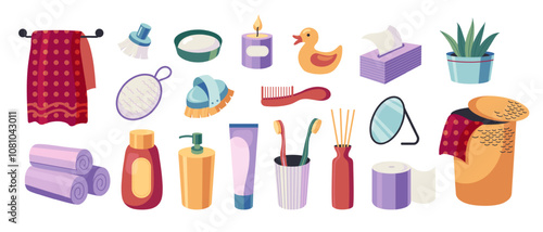 Bathroom stuff. Modern home interior hygiene products, cartoon decorative cosmetic towels bathrobe soap lotion, trendy scandinavian style. Vector set.
